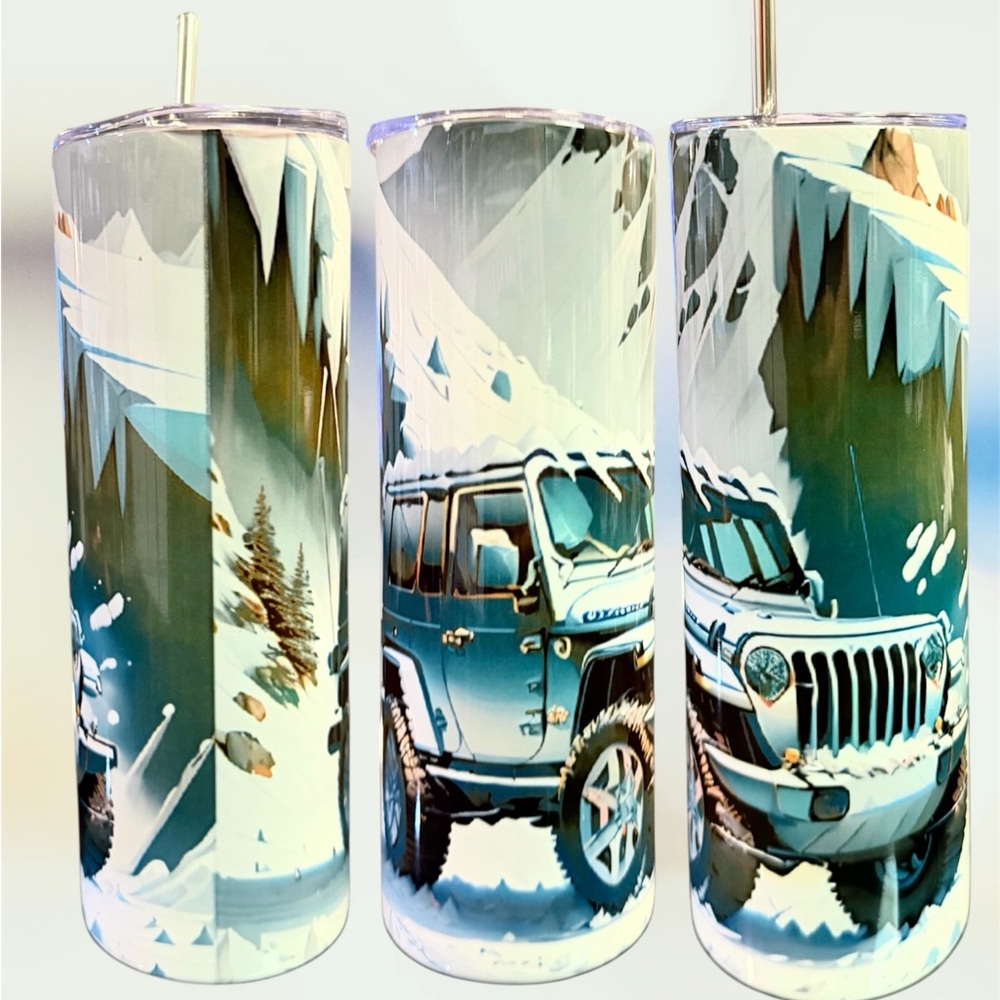 20oz Hot/cold Tumbler New Custom Made Jeep Mountain Theme plus bonus items